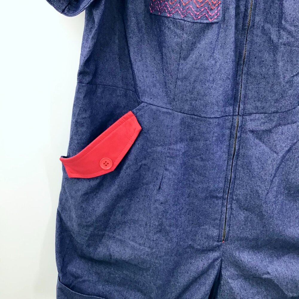 Dopamine Retro Denim Romper Women's 2X Rainbow LGBTQ+ Pride Red Contrast Cuffs - Picture 9 of 12